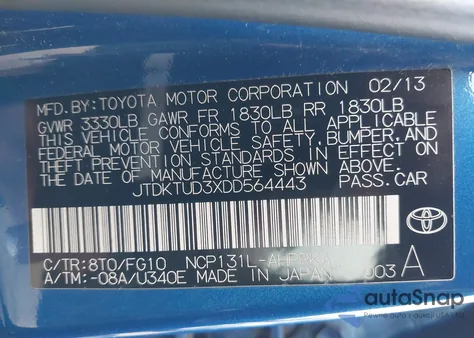 2013 Toyota Yaris Le from USA, damaged, VIN JTDKTUD3XDD564443